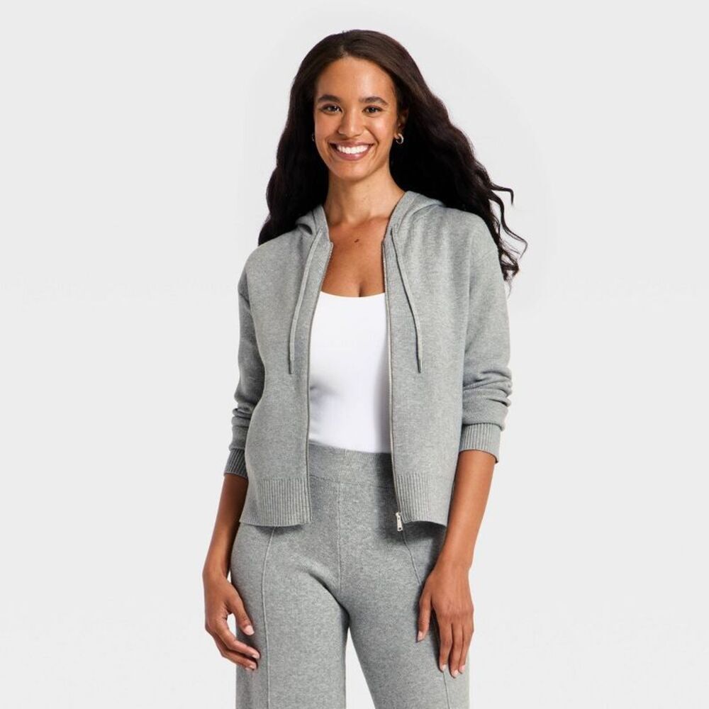 Women's Hooded Zip-Up Sweater - A New Day Heather Gray S